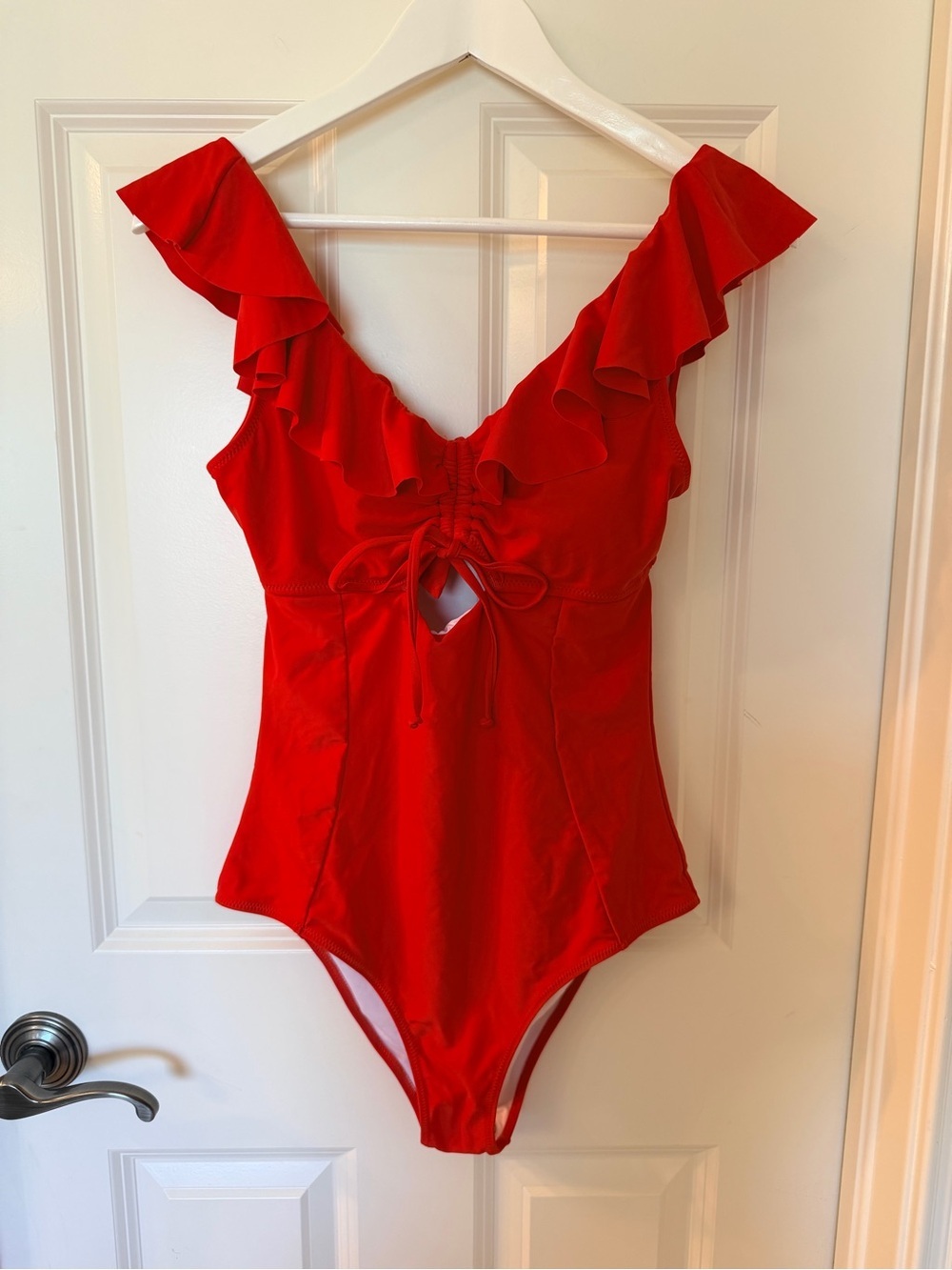 NWT!! Cupshe Bright Red One-Piece Swimsuit with ruffles, tie front, back tie